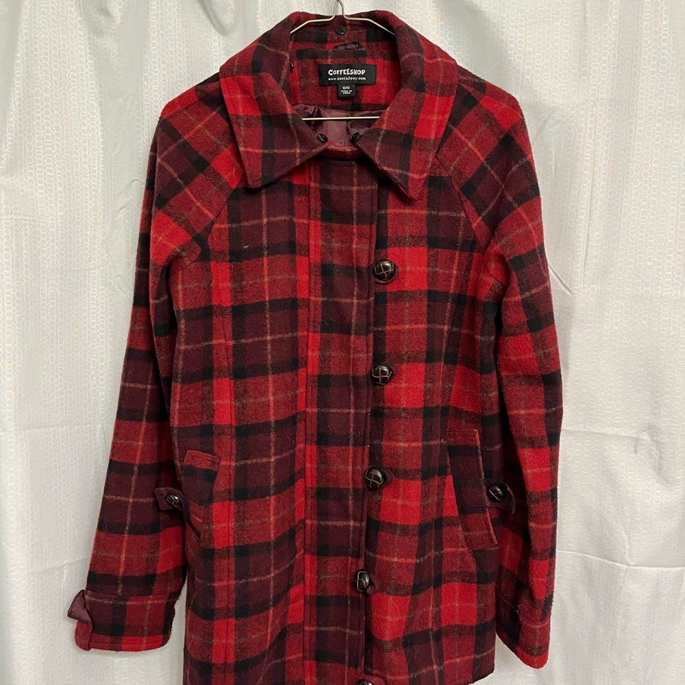 CoffeeShop Red and Black Plaid Coat